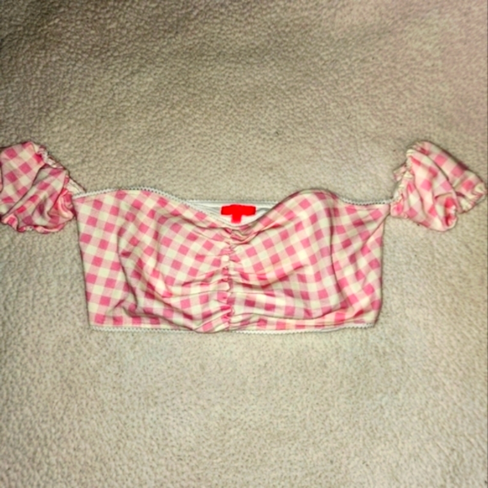 NWT Dolls Kill Pink And White Plaid Sexy Peasants Style Crop Top 😍 - Picture 1 of 7